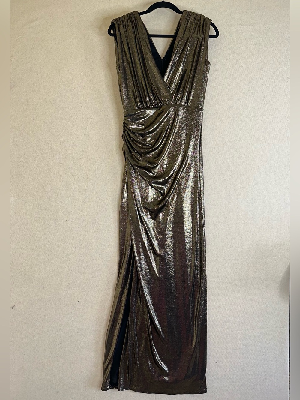 Halston Heritage Misha Metallic Jersey Wrap Gown in Antique Gold Size 6